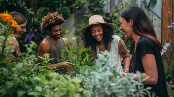 en grupp av vänner skrattande och chattar som de tendera till deras ört trädgård tillsammans foto