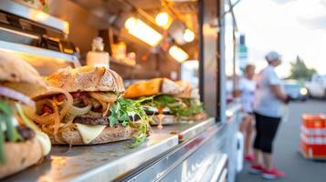 en gourmet mat lastbil försäljning ljuvlig paninis med gourmet pålägg tycka om mango chutney och caramelized lök använder sig av endast de finaste Ingredienser foto