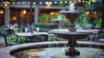 ett elegant utomhus- dining område terar en cirkulär vatten fontän med brand jets skytte upp från de mitten. 2d platt tecknad serie foto