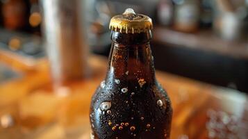 de tillfredsställelse av popping öppen en flaska av öl den där har varit åldring för månader nu perfekt kolsyrad foto