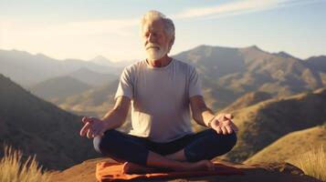 en pensionär praktiserande yoga på en naturskön berg förbise omgiven förbi hisnande visningar och de lugn ljud av natur foto