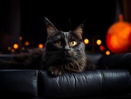 ai genererad de katt lögner på de soffa i en mörk rum på en suddig bakgrund generativ ai foto