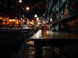 ai genererad flaska av öl på de bar disken suddig bakgrund i bokeh generativ ai foto