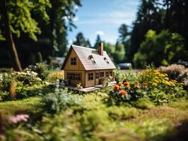 ai genererad leksak kartong hus på en suddig vår bakgrund generativ ai foto