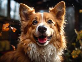 ai genererad glad corgi på en suddig bakgrund generativ ai foto