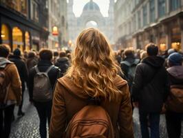 ai genererad en flicka med en ryggsäck promenader längs de gata av en fullt med folk stad se från de tillbaka foto