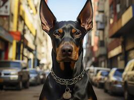 ai genererad doberman står på de gata och utseende på de kamera, generativ ai foto