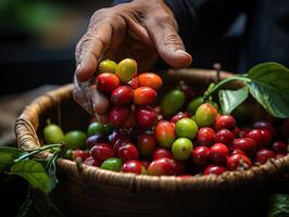 ai genererad hand plockning kaffe närbild generativ ai foto