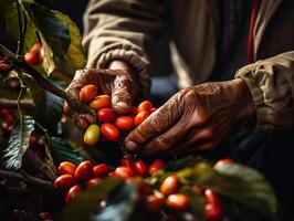 ai genererad hand plockning kaffe närbild generativ ai foto