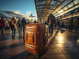 ai genererad resväska på de flygplats plan terminal generativ ai foto
