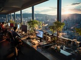 ai genererad arbete i en stor kontor på solnedgång generativ ai foto