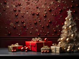 ai genererad jul bakgrund med ny år leksaker och gåvor generativ ai foto