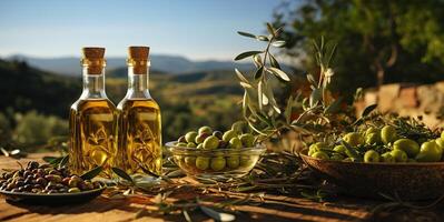ai genererad grön oliver och oliv olja i glas flaskor generativ ai foto