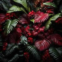 ai genererad skön röd djungel av frodig handflatan löv generativ ai foto