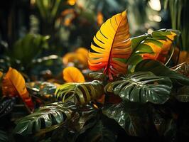 ai genererad skön röd grön gul djungel av frodig handflatan löv generativ ai foto