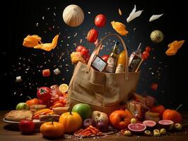ai genererad papper väska med flygande Produkter livsmedel uppkopplad matvaror leverans generativ ai foto