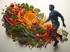 ai genererad silhuett av en man löpning på de bakgrund av grönsaker och frukt friska äter generativ ai foto