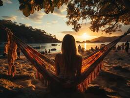 ai genererad flicka i en hängmatta på de strand på solnedgång generativ ai foto