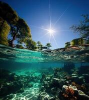 ai genererad azurblå strand se från under de vatten generativ ai foto