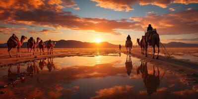 ai genererad kamel husvagn på solnedgång generativ ai foto