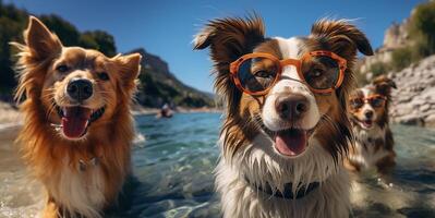 ai genererad hundar i solglasögon på de bakgrund av de strand generativ ai foto