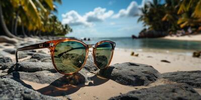 ai genererad solglasögon lögn på de strand på de sand generativ ai foto