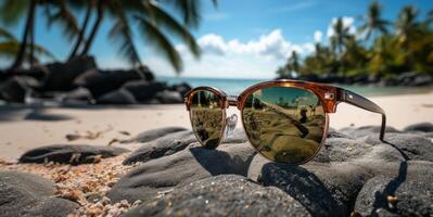 ai genererad solglasögon lögn på de strand på de sand generativ ai foto