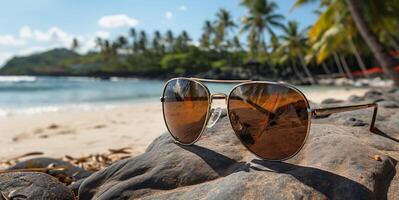 ai genererad solglasögon lögn på de strand på de sand generativ ai foto