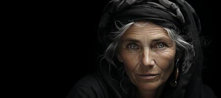ai genererad hård porträtt av ett gammal kvinna generativ ai foto