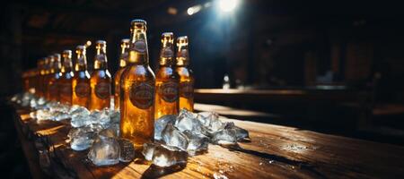 ai genererad flaskor av öl i is på de bar disken generativ ai foto