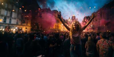 ai genererad flicka har roligt på en konsert generativ ai foto