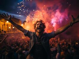 ai genererad man har roligt på en konsert generativ ai foto