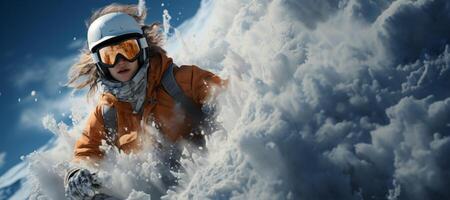 ai genererad snowboardåkare i de bergen generativ ai foto