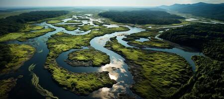 ai genererad flod delta från en fåglar öga se generativ ai foto