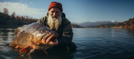 ai genererad fiskare innehav fisk i hans händer generativ ai foto
