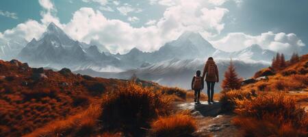 ai genererad familj promenader i höst mot de bakgrund av bergen generativ ai foto