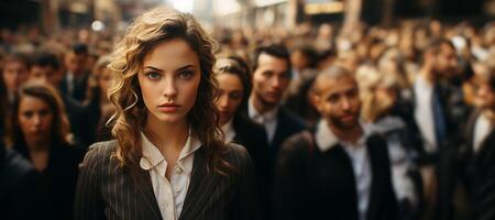ai genererad porträtt av en företag kvinna i en folkmassan på de gata generativ ai foto