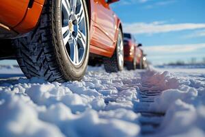 ai genererad bil hjul på en snöig väg närbild generativ ai foto