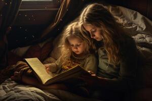 ai genererad mamma läser en läggdags berättelse till henne barn generativ ai foto