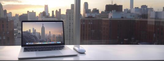 ai genererad bärbar dator på tabell på suddig bakgrund baner generativ ai foto