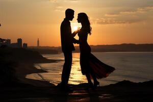 ai genererad silhuett av en par i kärlek dans på de Strand på solnedgång generativ ai foto