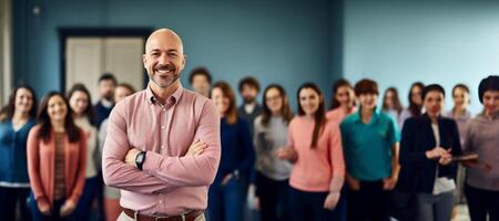 ai genererad skola lärare på suddig klassrum bakgrund baner generativ ai foto