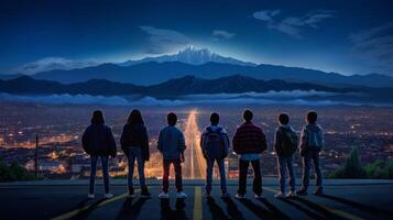ai genererad grupp av tonåringar mot de bakgrund av de natt stad generativ ai foto