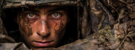 ai genererad porträtt av en soldat i en hjälm närbild generativ ai foto