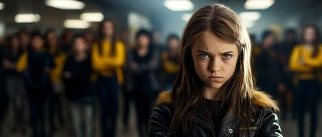 ai genererad arg flicka i en skola korridor porträtt närbild generativ ai foto