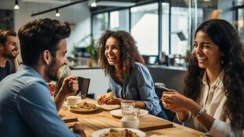 ai genererad grupp av kontor arbetare har lunch generativ ai foto