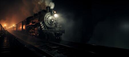 ai genererad gammal lokomotiv rusar genom de natt generativ ai foto