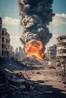 ai genererad explosion i de stad militär konflikt förödelse generativ ai foto