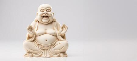 ai genererad statyett av en skrattande buddha på en vit bakgrund generativ ai foto