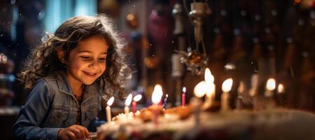 ai genererad flickor barn blåser ut födelsedag ljus generativ ai foto